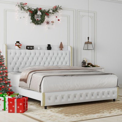 Okak Platform Bed Frame Wingback Upholstered Bed with Adjustable Height Headboard and USB Charger Music Speaker Star Projector Noise-Free