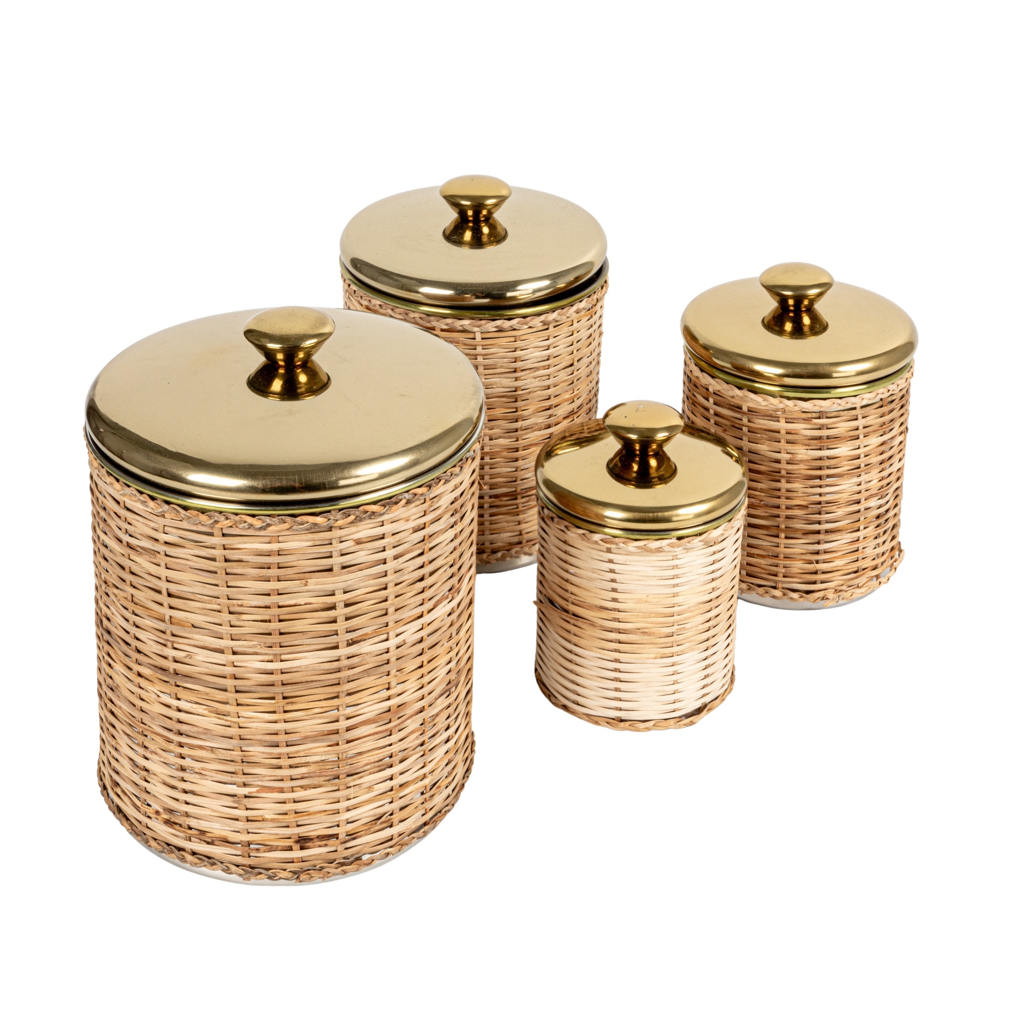 Storied Home Rattan Wrapped Stainless Steel Canisters, Set of 4, Brass Finish