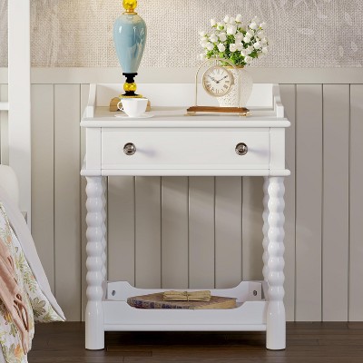 Retro Style Nightstand with Drawer and Open Shelf for Bedroom, Bedside Table with Turned Legs and Metal Handle - ModernLuxe