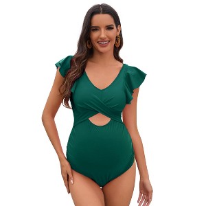Ruffle Maternity Swimsuit One Piece High Waisted Pregnancy Bathing Suits Push Up Swimwear - 1 of 4