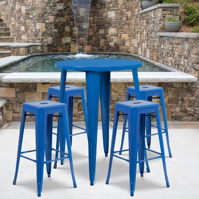 30" Round Blue Metal Indoor-Outdoor Bar Table Set with 4 Backless Stools