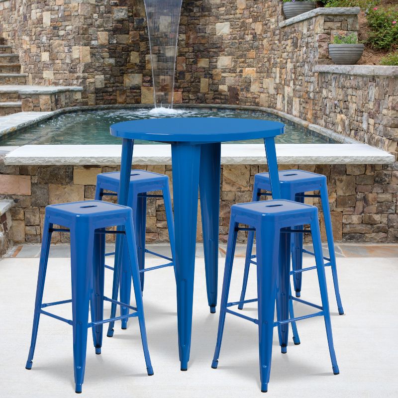 Flash Furniture Commercial Grade 30" Round Metal Indoor-Outdoor Bar Table Set with 4 Square Seat Backless Stools, 2 of 5