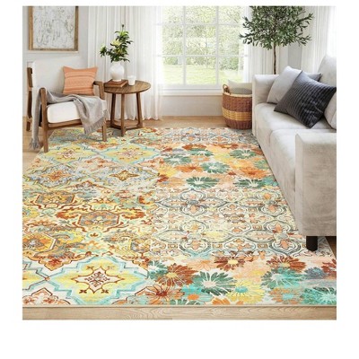 Floral Medallion Print Low Pile Non-Slip Area Rugs Boho Vintage Large Accent Rug Floor Carpet For Living Room Bedroom Office Dining Room, Colorful Mu