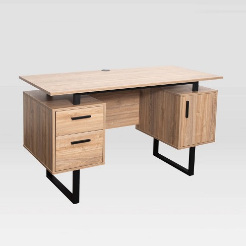 Modern Office Desk With Storage Walnut, Long Modern Desk With Storage