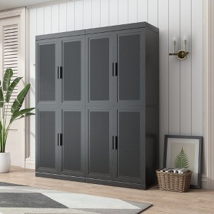 72"x62"x16" Wood Grain Buffet Cabinet in Black, Storage Organizer with Adjustable Shelves and Rattan Doors for Kitchen Bedroom Entryway Living Room - 1 of 4
