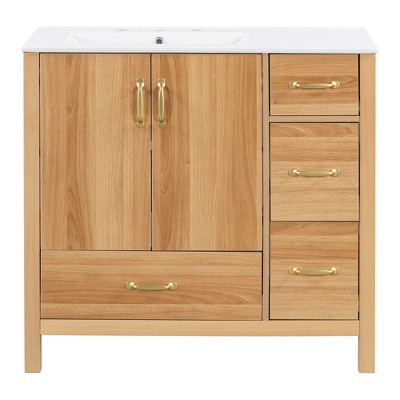 Vynxaria 36-Inch Acacia Wood Bathroom Vanity - Solid Wood Frame, 2 Soft-Close Doors, 4 Soft-Close Drawers,Ceramic Sink - Modern Storage