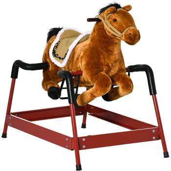 Qaba Kids Spring Rocking Horse, Ride on Horse for Girls and Boys with Animal Sounds, Plush Horse Ride-on with Soft Feel, Interactive Toy for Kids