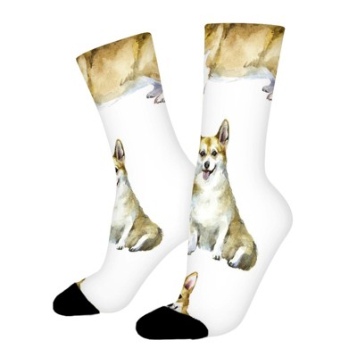 Watercolor Corgi Women Printed Crew Socks Funny Funky Socks Soft Polyester Novelty Gifts for Artists Men