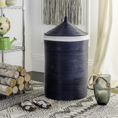 Navy and White Rattan Upright Hamper with Lid