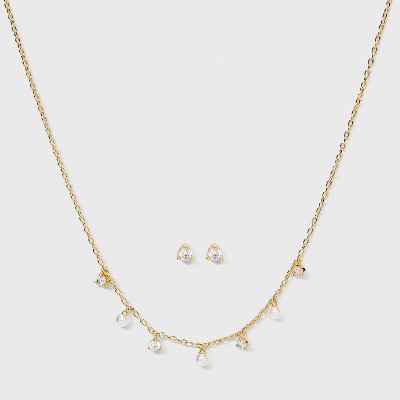 14K Gold Dipped Cubic Zirconia and Pearl Station Necklace and Stud Earring Set 3pc - Gold: Cable Chain, Gift Box