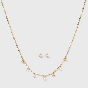 14K Gold Dipped Cubic Zirconia and Pearl Station Necklace and Stud Earring Set 3pc - Gold: Cable Chain, Gift Box - 1 of 4