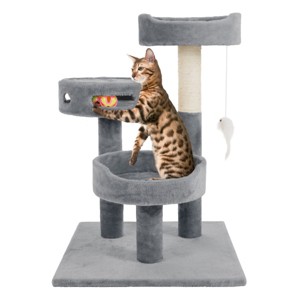 3-Tier Cat Tower with Sisal Rope Scratching Post, 2 Carpeted Napping Perches, Hanging Mouse, and Interactive Toy for Indoor Cat Use by PETMAKER (Gray) - 1 of 4