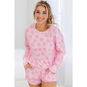 Pink Valentine Heart Shape Print Long Sleeve Top Shorts Lounge Set - 1 of 2