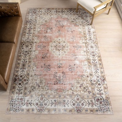 Teja Peach Persian Medallion Machine Washable Area Rug, 4' x 6'