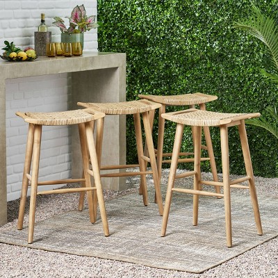 Light Brown Acacia Wood and Wicker Outdoor Bar Stools, Set of 4
