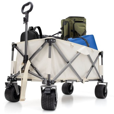 SKRAN Folding Heavy Duty Utility Beach Wagon Cart with Big Anti-Slip Wheels, Adjustable Handle Drink Holders for Shopping, Camping,Garden and Outdoor