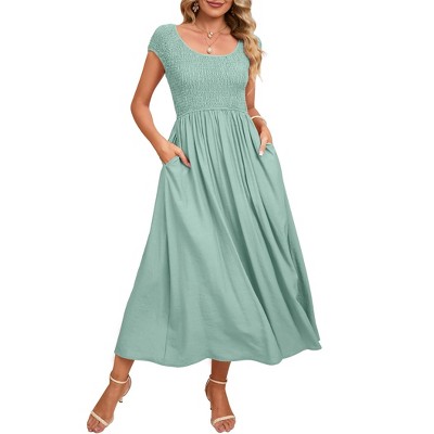 Clearlove Short Sleeve Casual Summer Dress A Line Round Neck Midi Dresses for Women Wedding Guest Dress