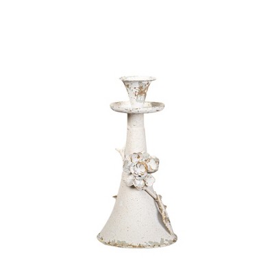 Vintage Metal Candle Holder with Accent Flowers, 10" Tall, Rustic White Finish, Home Decor, Small Size
