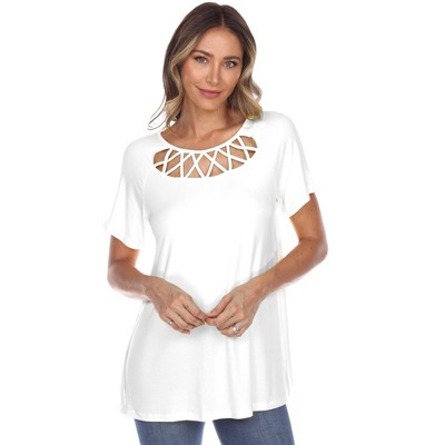 Women's Crisscross Neck Short Sleeve Top - White Mark