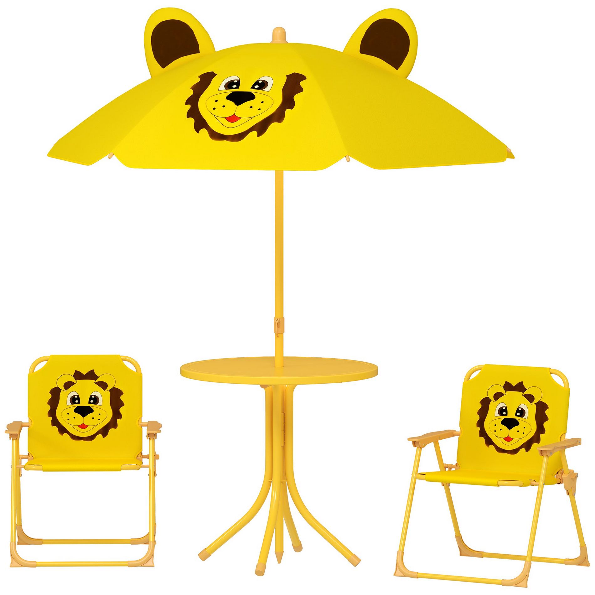 Aghana Digitals Kids 4-Piece Foldable Picnic Set: Yellow Lion Design Table, Chairs & Adjustable Yellow 19.50×19.50×19.70 in