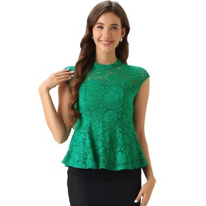 INSPIRE CHIC Women's Mock Neck Cap Sleeve Crochet Lace Peplum Blouse - 1 of 4