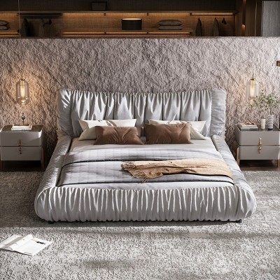 King Size Upholstered Bed Frame Platform Bed With Removable Cushion And Solid Wood Frame,Suitable For Multiple Heights Of Mattresses-Cuddlewood