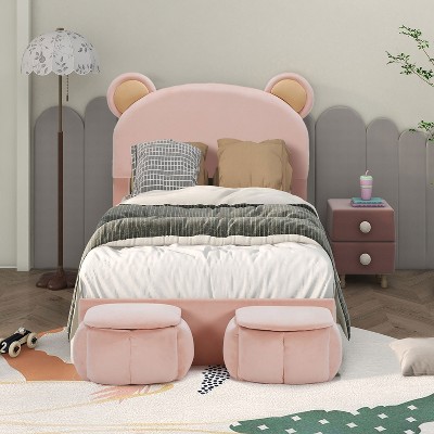 KTMBDW Twin/FUll Upholstered Bed Frame, Cute Girls Bed Princess Platform Bed Frame, Wooden Slats Support, No Box Spring Needed, Pink