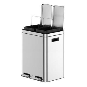 10.6 Gal (2 x 20 L) Stainless Steel Trash Can, Double Sorting Bin with Soft Close Lids, Removable Inner Bucket and Foot Pedal, for Kitchen, Office - 1 of 4