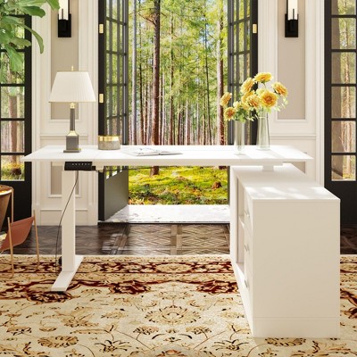 FUFU&GAGA L-Shape White Wooden Computer Desk Adjustable Height
