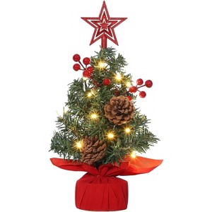 Small Christmas Tree with Top Star & Lights, Tabletop Artificial Pine Tree with Red Berries & Pine Cones - 1 of 4