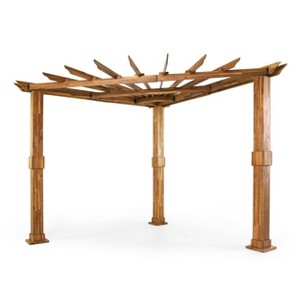 Dilan Outdoor Acacia Wood Triangle Pergola - Teak/Black - Christopher Knight Home: Weather-Resistant Corner Shade Structure - 1 of 4