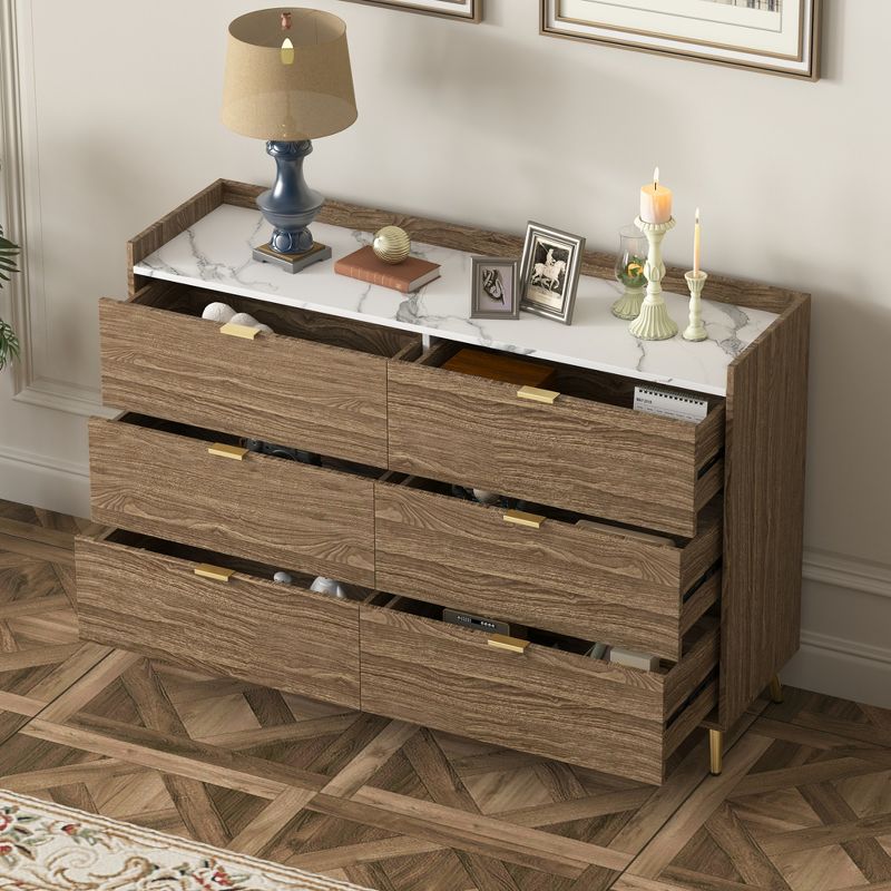 55.1" 6 Drawer Dresser with Marbling Worktop, Mordern Storage Cabinet with Metal Leg and Handle - ModernLuxe, 2 of 9