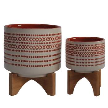 Sagebrook Home 8" Wide 2pc Aztec Ceramic Planters On Wooden Stand