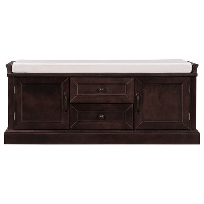 OUTSUPPLY Entryway Storage Bench with 2 Drawers and 2 Cabinets, Removable Velvet Cushion for Hallway, Living Room, Mudroom