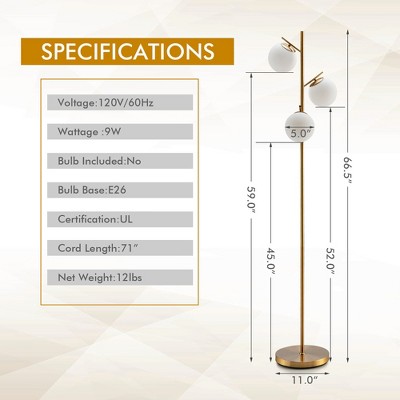 Golden 3-Globe Floor Lamp with Glass Shades and Foot Switch