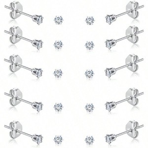 6 - 10 Pairs Tiny Women's Stainless Steel Clear Cubic Zirconia Stud Earrings, Hypoallergenic Surgical Steel Earrings Set, 2mm 3mm 4mm CZ - 1 of 4