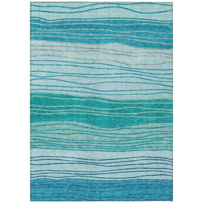 Sky Blue Teal Blue And Aqua Striped Washable Indoor Outdoor Area Rug