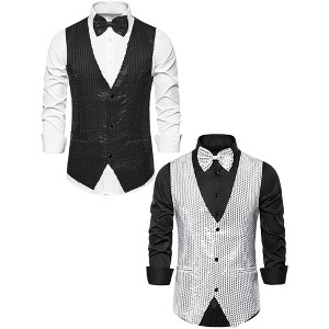 Lars Amadeus Men's Sleeveless Sparkle Sequin Party Prom Waistcoat with Bow Tie 2 Packs - 1 of 4