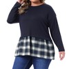 Women's Plus Size Patchwork Plaid Contrast Hem Crew Neck Long Sleeve Casual Fall Peplum Blouse - Agnes Orinda - 2 of 4
