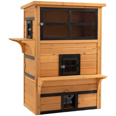 PawHut 3-Story Cat House Feral Cat Shelter, Outdoor Kitten Condo with Raised Floor, Asphalt Roof, Escape Doors, Jumping Platforms