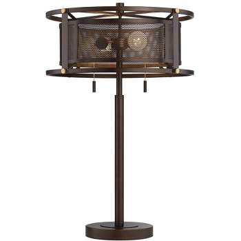 Franklin Iron Works Derek Industrial Rustic Table Lamp 28 3/4" Tall Bronze Metal Column Outer Ring Mesh Drum Shade for Bedroom Living Room Bedside