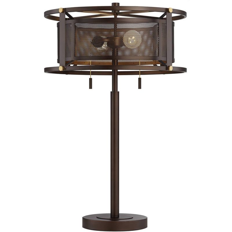 Franklin Iron Works Derek Industrial Rustic Table Lamp 28 3/4" Tall Bronze Metal Column Outer Ring Mesh Drum Shade for Bedroom Living Room Bedside, 1 of 10