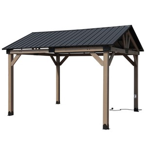 Aoodor 10 x 12 ft Wooden Frame Gazebo with Galvanized Metal Hardtop Roof, Outdoor Patio Gazebo with Charging Socket for Patio - 1 of 4