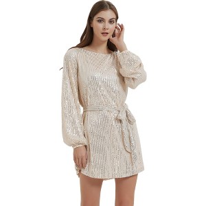 Anna-Kaci Women's Sparkly Sequins Long Bishop Sleeve Crew Neck Tunic Belted Dress - 1 of 4