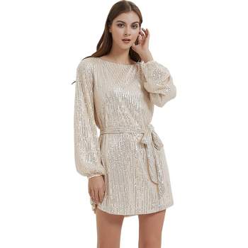 Anna-Kaci Women's Sparkly Sequins Long Bishop Sleeve Crew Neck Tunic Belted Dress