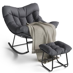 Outdoor Papasan Rocking Chair with Footrest, Oversized Lounge Chair with Ottoman and Sturdy Metal Frame, Patio Rattan Egg Rocker for Balcony - 1 of 4