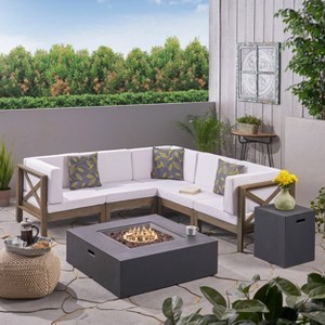 Christopher Knight Home Brava Outdoor Acacia Wood 5 Seater Sectional Sofa Set with Fire Pit - 1 of 4