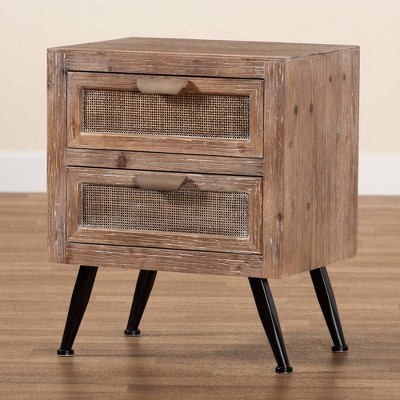 Calida Whitewashed Brown Wood and Rattan 2-Drawer Nightstand