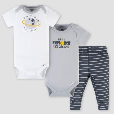 Image of Gerber Baby 3pc Space Top and Bottom Set - White/Gray Newborn