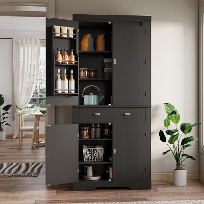 72in Tall Kitchen Pantry Cabinet, Farmhouse Large Cupboard Storage Cabinet with Adjustable Shelves 6 Door Racks for Living Dining Room Laundry